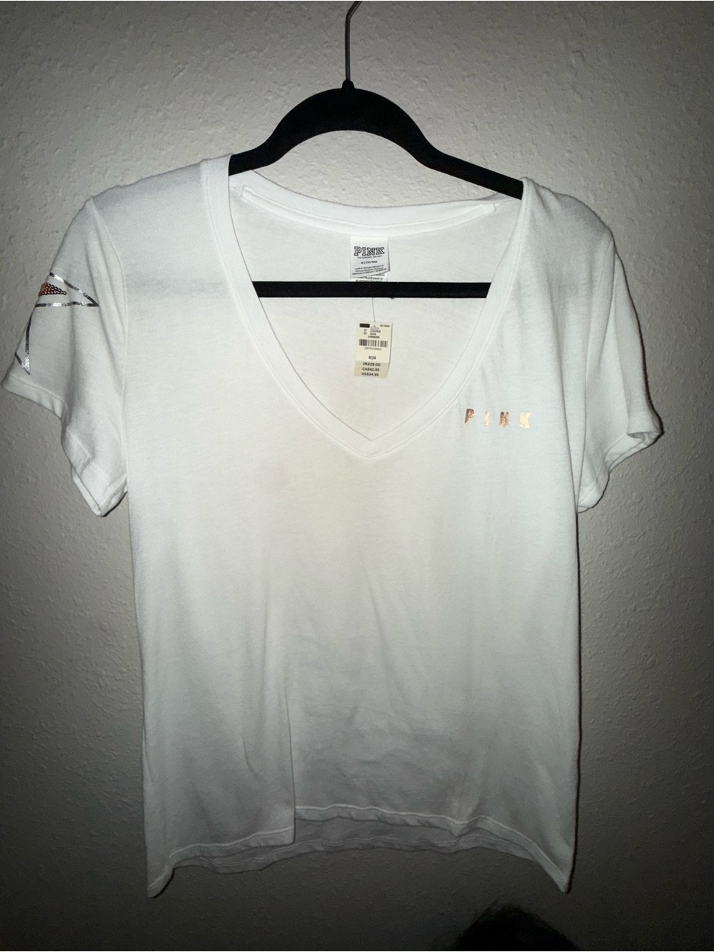 PINK Victoria secret V-Neck Tee in White with Metallic Accent bling